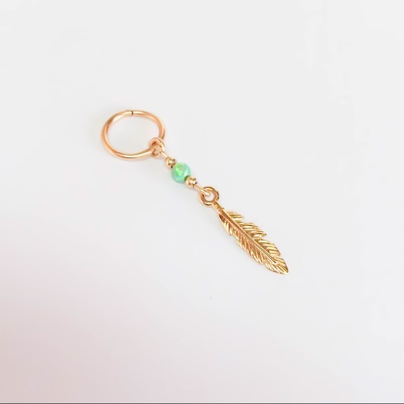 14KYGF Fire Opal Feather Naval Hoop Belly Ring - Picture 3 of 7